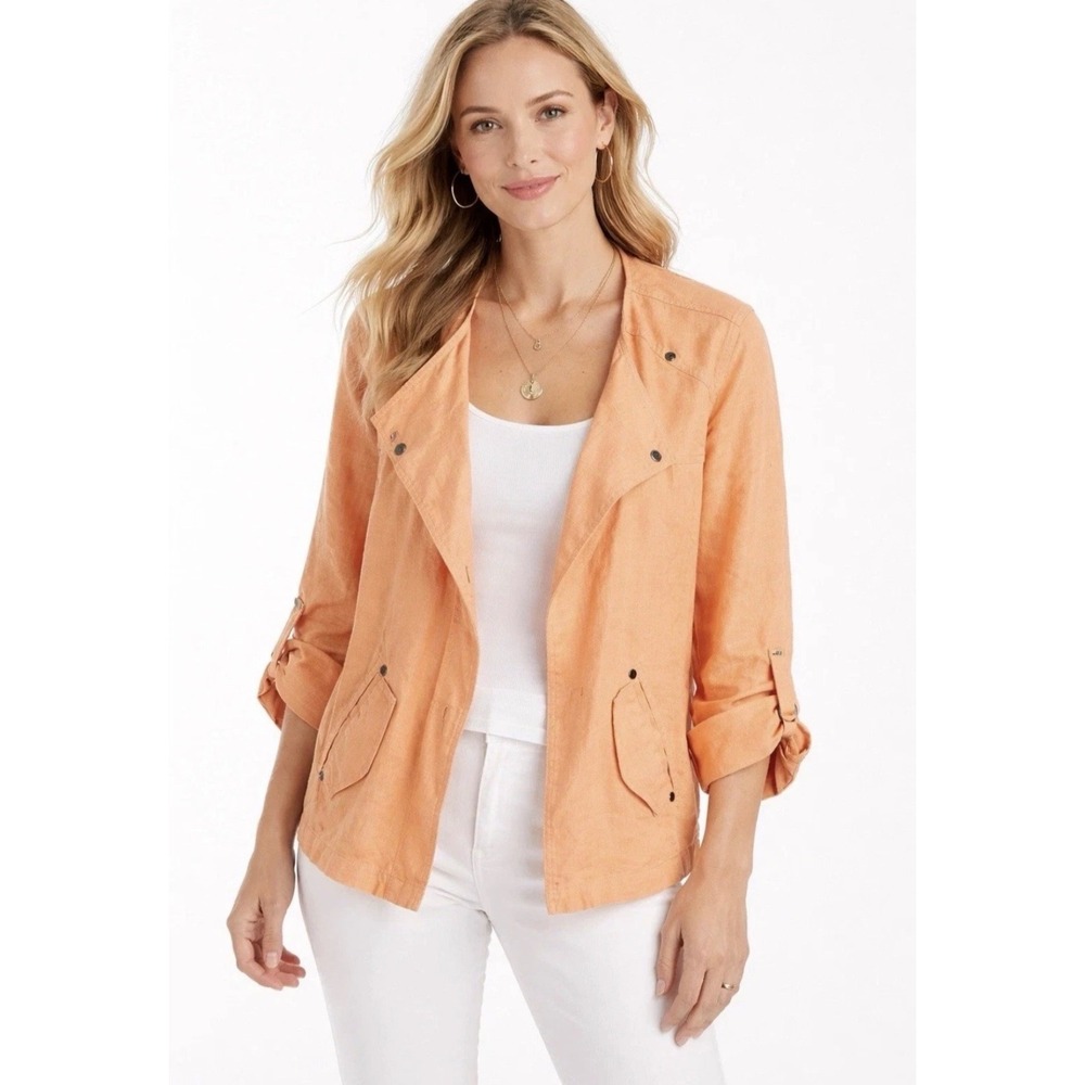 Chicos Linen Utility Jacket Womens 1 M Roll Tab Lightweight Casual Breathable